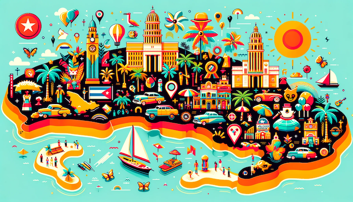 Stylized, upbeat map of Cuba featuring vibrant colors and cartoonish icons representing landmarks and cultural elements, generated by DALL-E