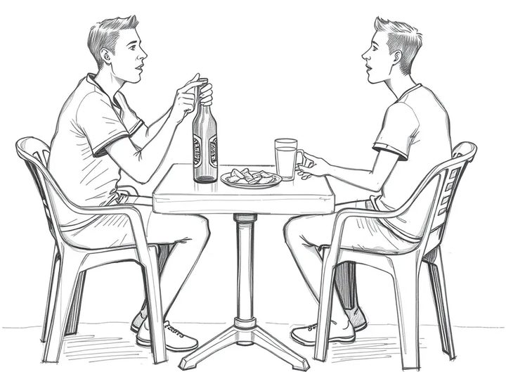 Desenho a lápis, gerado por IA, de duas pessoas conversando numa mesa de boteco, com cadeiras de plástico, uma garrafa, um copo e um prato de petiscos