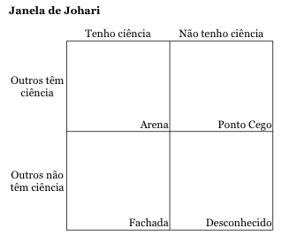 A Janela de Johari. Os adjetivos são dispostos nos quadrados conforme o avaliado ou seus pares vão escolhendo